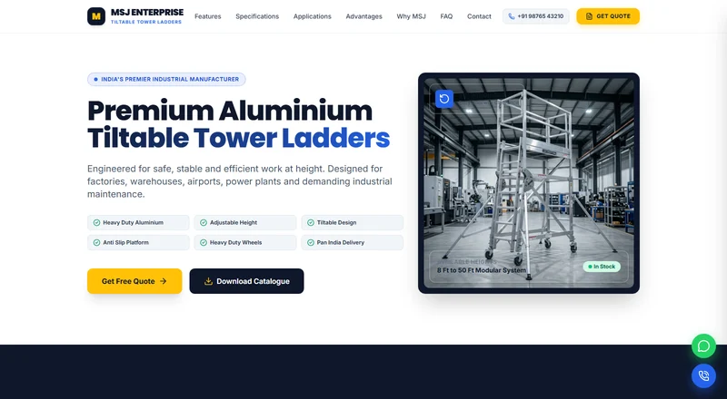 MSJ Enterprise aluminium tiltable tower ladders landing page built by AS Enterprises
