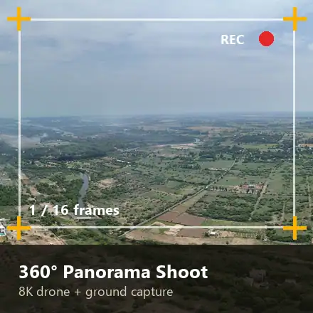 360 degree drone panorama shoot in progress over a plot layout